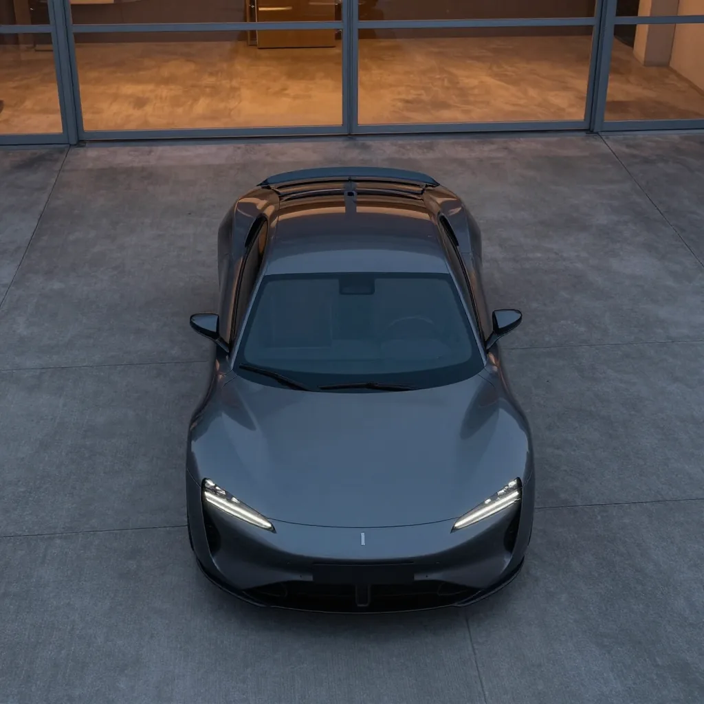 Dark grey sports coupe photographed from above on the 218 Evans Avenue lot at dusk
