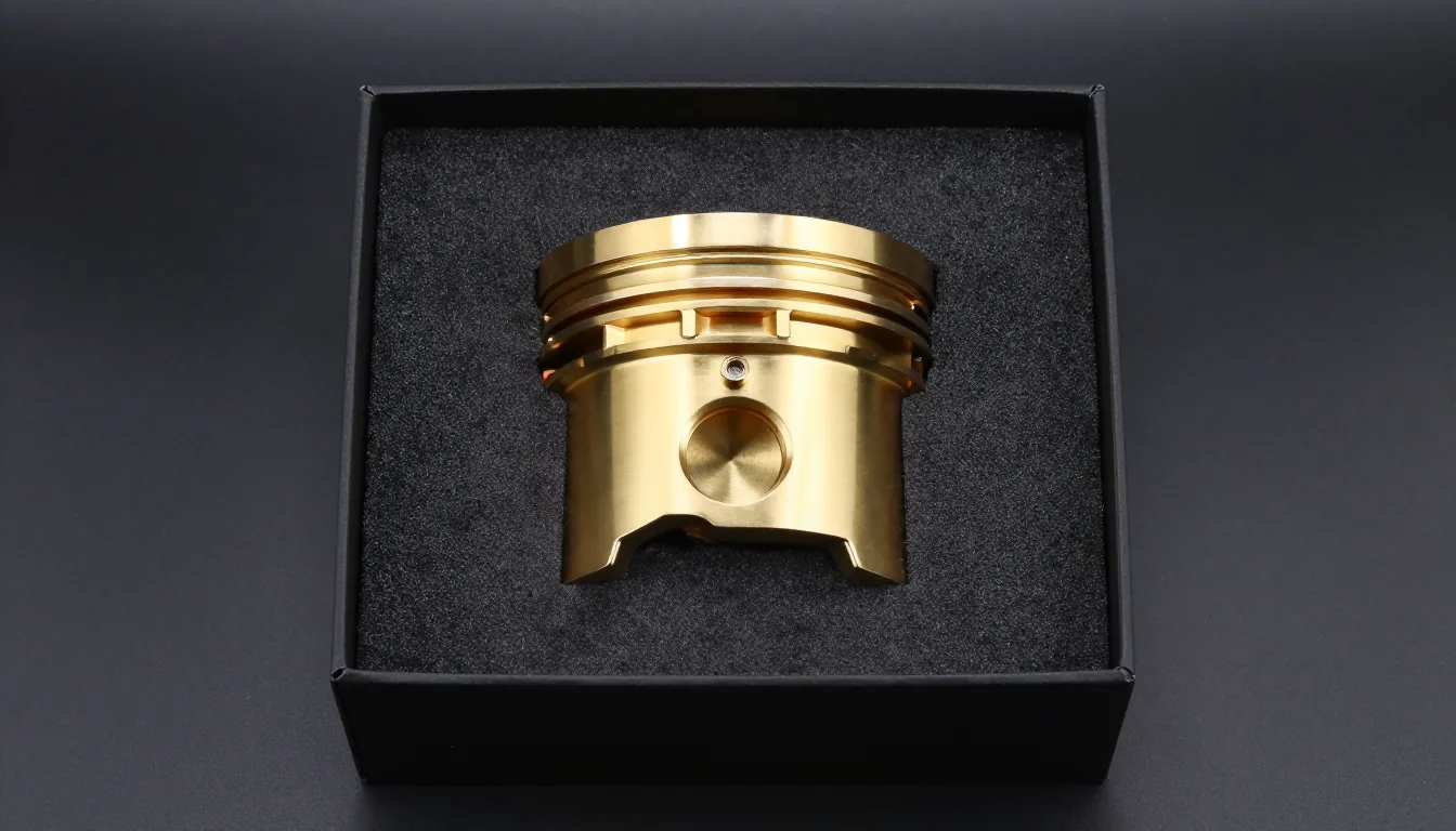 Brass piston paperweight in a black presentation box, this month's members-only piece