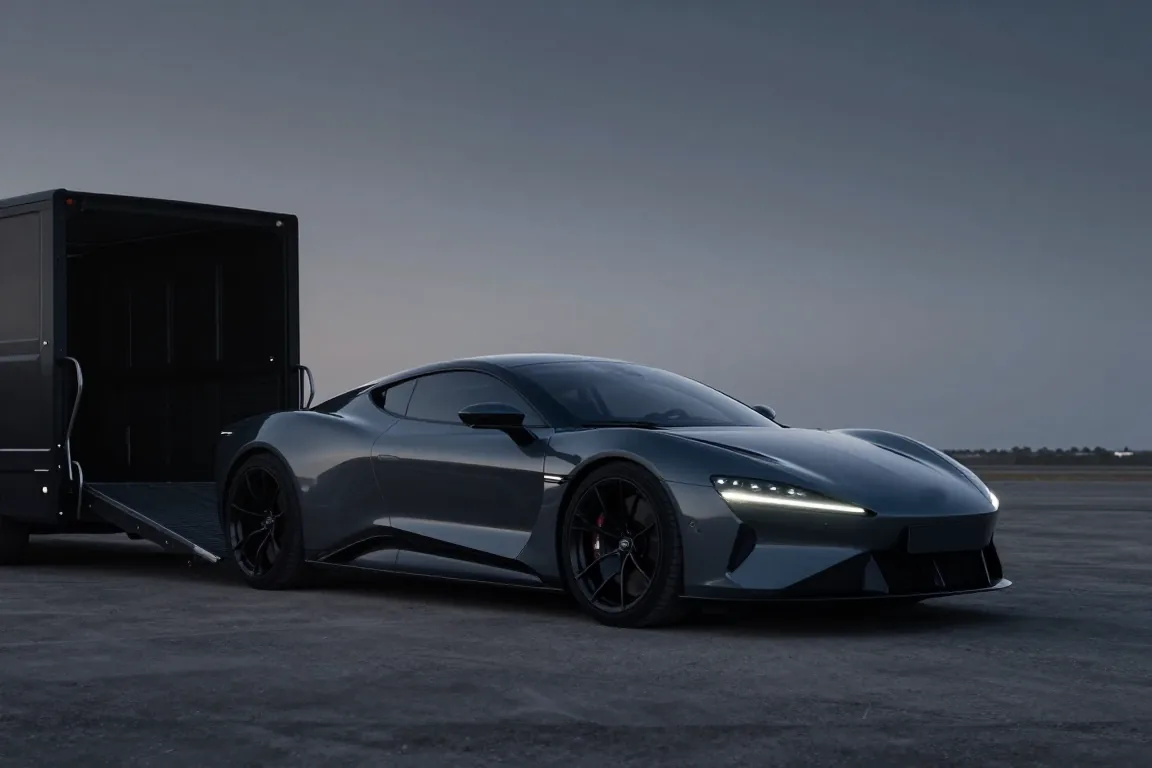 The coupe beside the lowered ramp of an enclosed transporter at dusk